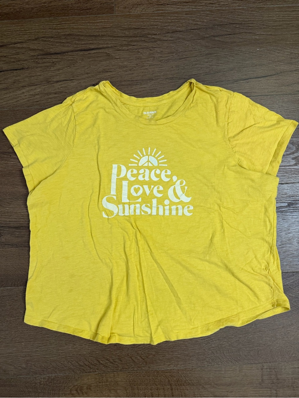 Old Navy Mustard Yellow Crewneck Tee “Peace, Love & Sunshine” Text